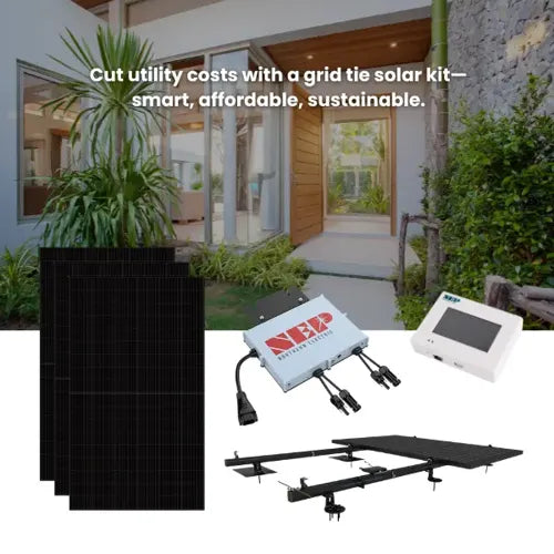 Grid tie solar kit with black solar panels, NEP microinverter, monitoring screen, and roof mounting system in front of a modern sustainable home