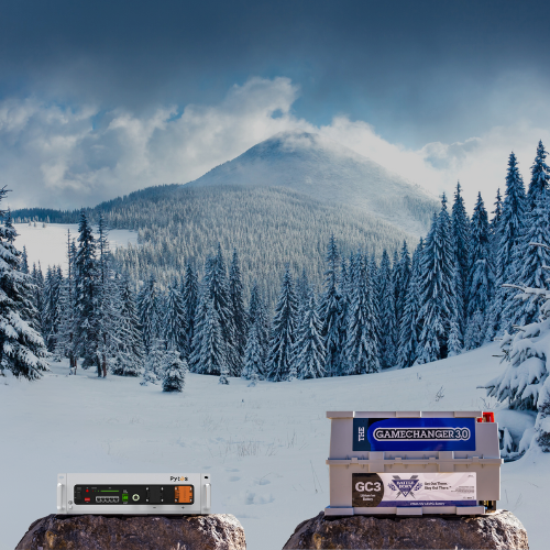 Battle Born and Pytes heated lithium batteries displayed in a snowy Canadian landscape—optimal for off-grid winter power solution