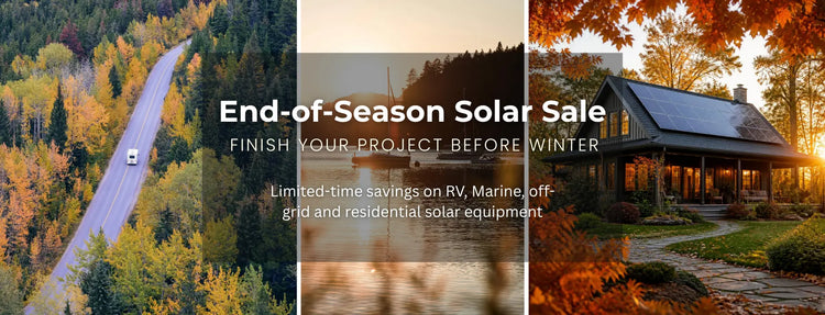 End-of-season solar sale featuring RV, marine, off-grid and residential solar equipment