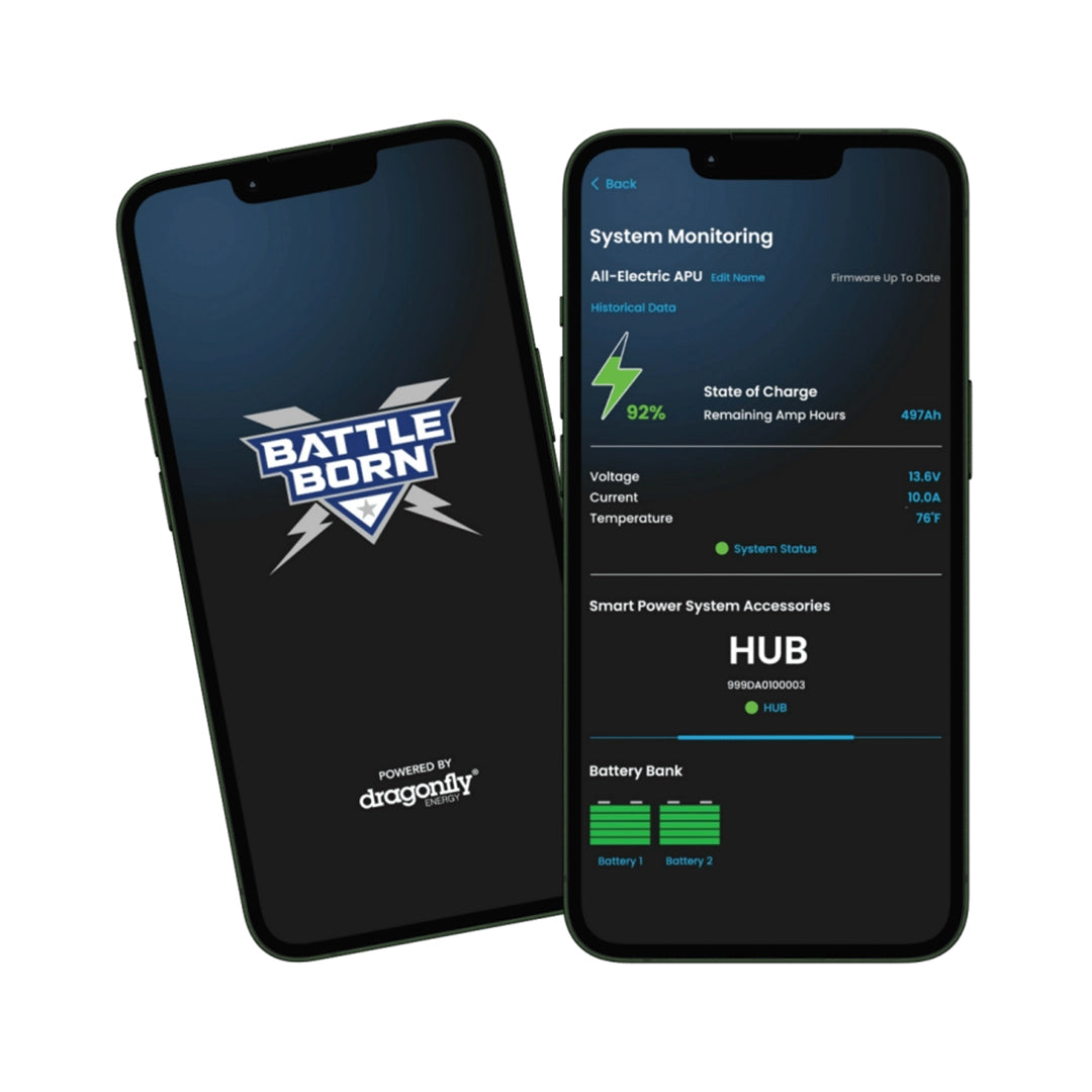 Battle Born smart lithium battery monitoring app powered by Dragonfly Energy, displaying system status, state of charge, voltage, and temperature on a mobile device