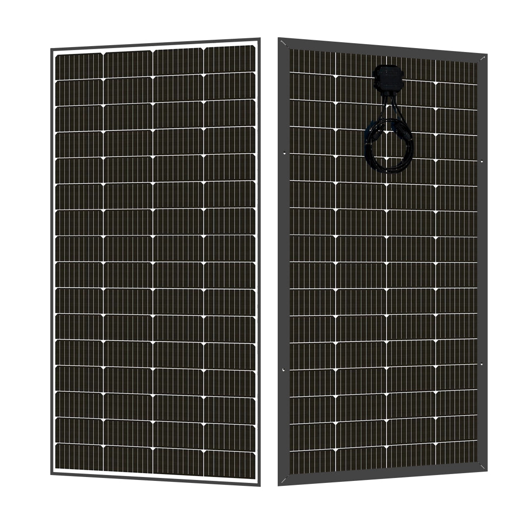 Front and back view of a 220W bifacial 12V solar panel made in Canada by Lumera Solar, featuring high-efficiency PERC monocrystalline cells, ideal for RVs, homes, and marine use.