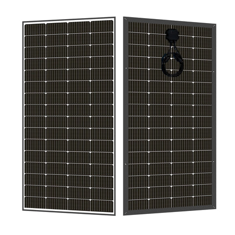 Front and back view of a 220W bifacial 12V solar panel made in Canada by Lumera Solar, featuring high-efficiency PERC monocrystalline cells, ideal for RVs, homes, and marine use.