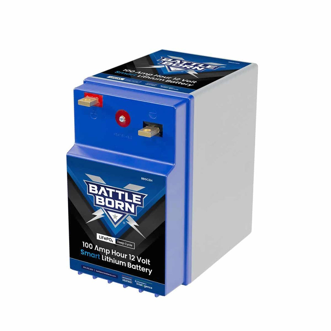  Side view of the BBGC2iH 100Ah 12V Smart Lithium Battery, featuring integrated heating and Bluetooth