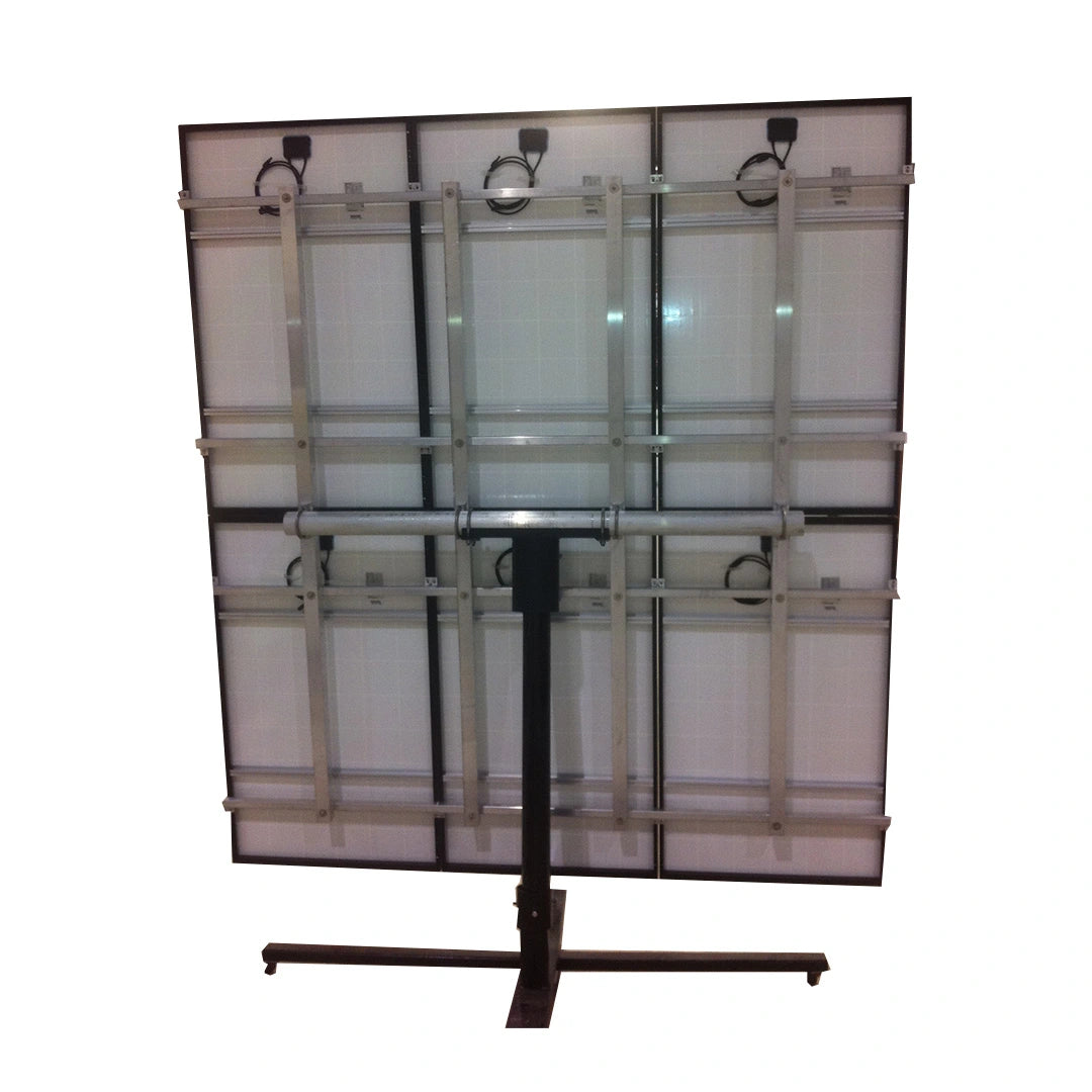 Rear view of adjustable pole mount for 8 x 60 cell solar panels, showing sturdy aluminum frame and tilting mechanism