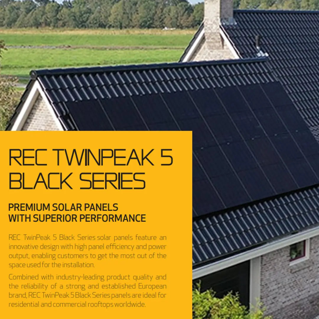 REC TwinPeak 5 Black Series solar panels installed on a modern rooftop, showcasing high panel efficiency and sleek black design, ideal for residential and commercial rooftops