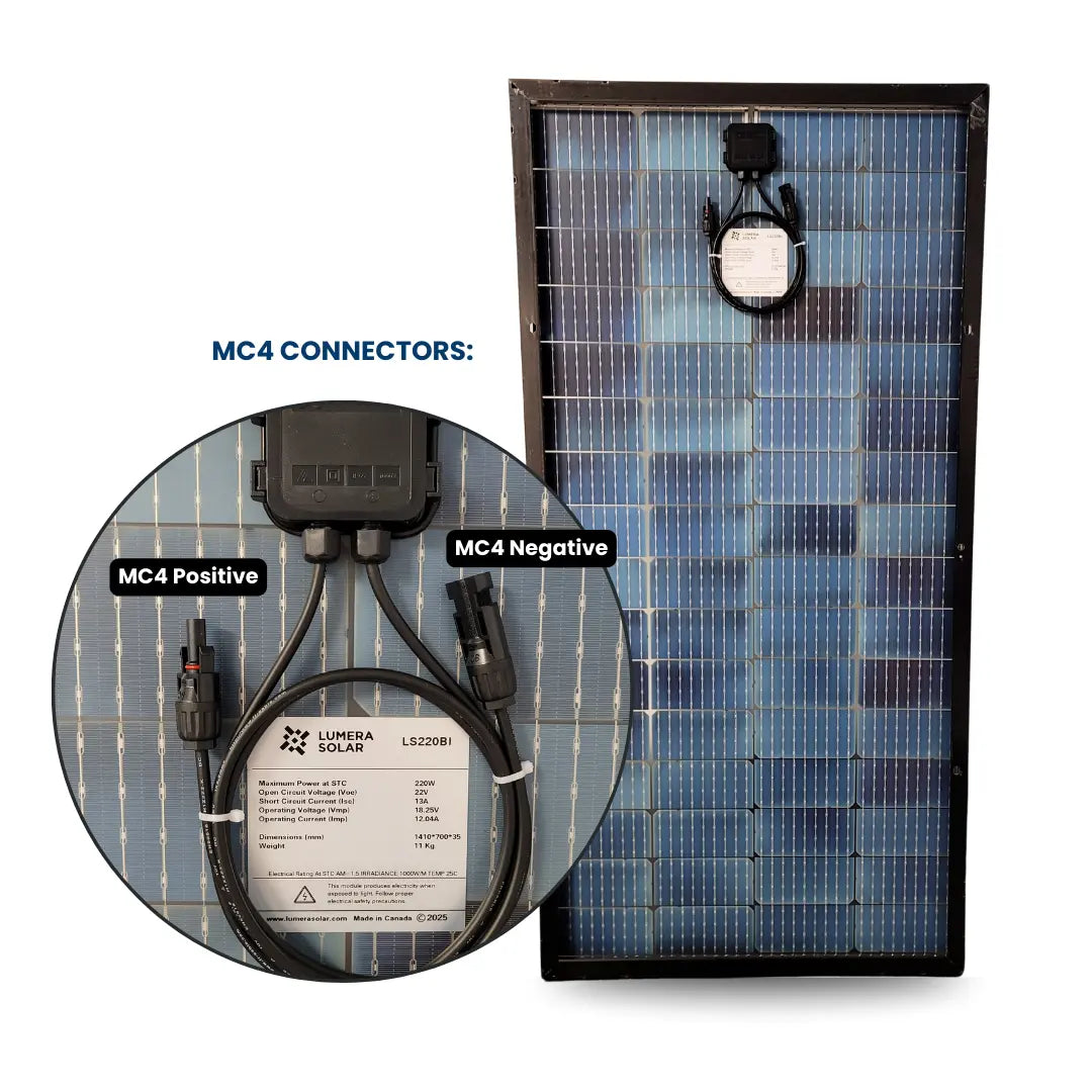 Back view of a Lumera Solar 220W bifacial solar panel showing MC4 positive and negative connectors, with a label displaying specifications including 220W maximum power and 11 kg weight