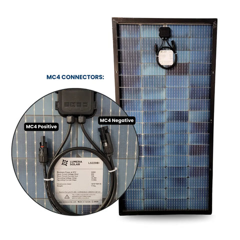 Back view of a Lumera Solar 220W bifacial solar panel showing MC4 positive and negative connectors, with a label displaying specifications including 220W maximum power and 11 kg weight
