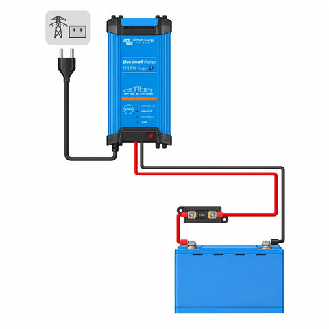 Victron Blue Smart Charger 12V 30A wiring diagram showing AC power connected to the charger and a battery with inline fuse protection.