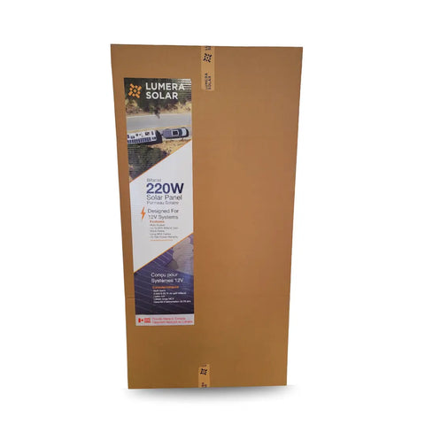 Cardboard box packaging of a Lumera Solar 220W bifacial solar panel, labeled Designed for 12V Systems and Proudly Fabricated in Canada, featuring an image of a solar panel on a vehicle.