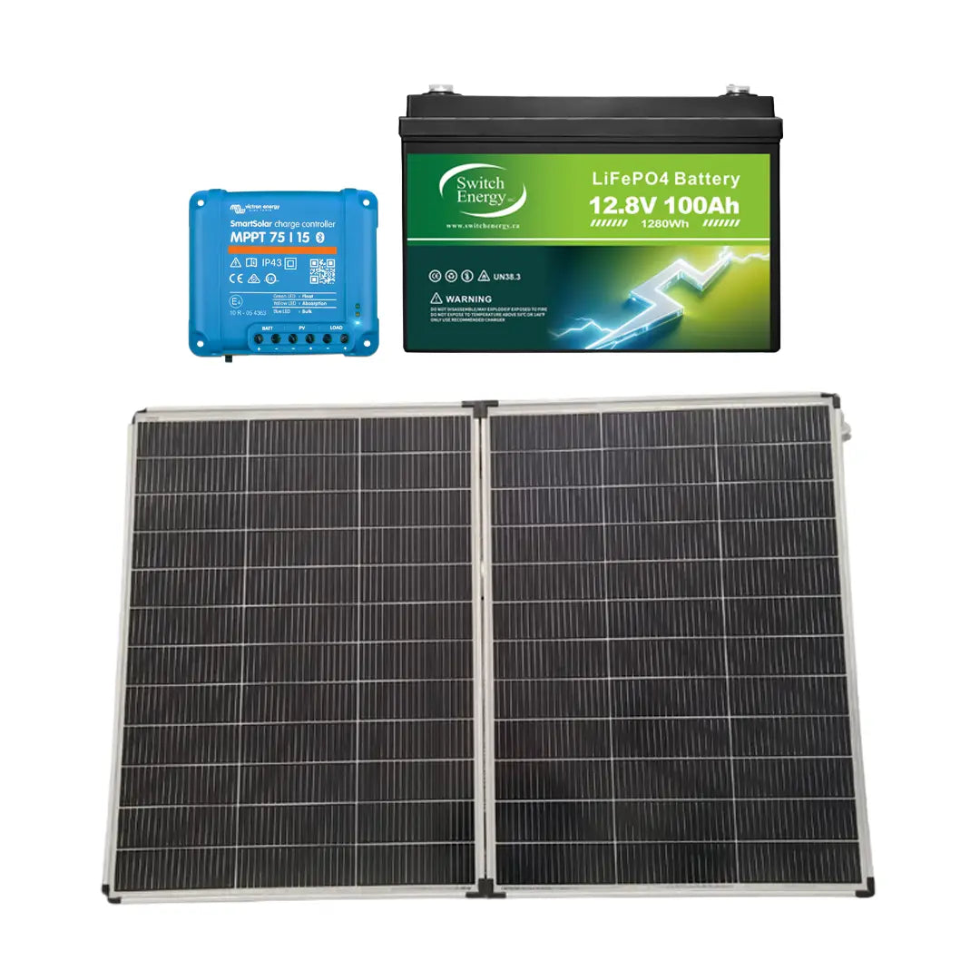 Canadian 220W RV portable solar kit with folding panels, Victron MPPT charge controller, and Switch Energy 12V 100Ah smart heated LiFePO4 battery
