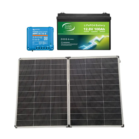 Canadian 220W RV portable solar kit with folding panels, Victron MPPT charge controller, and Switch Energy 12V 100Ah smart heated LiFePO4 battery