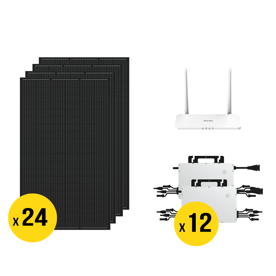 Complete 9.6kW DIY solar grid-tie kit with 24 REC 405W solar panels, Hoymiles micro inverters, and all necessary components for installation. Suitable for 200A electrical panels. Ships across Canada