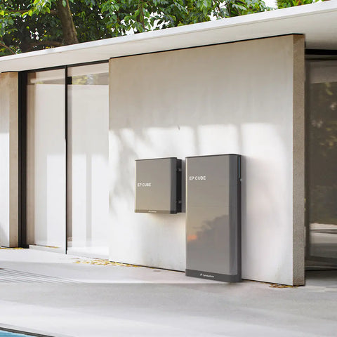 EP Cube hybrid inverter and battery storage system installed on residential home exterior