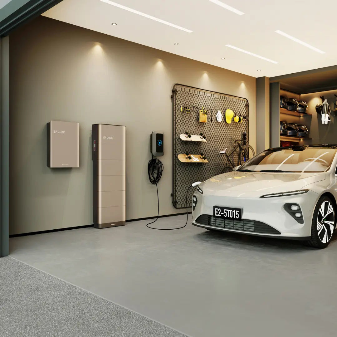 Canadian Solar EP Cube 2.0 home battery system installed in a residential garage alongside an EV charger, providing backup power and energy storage for solar homes.