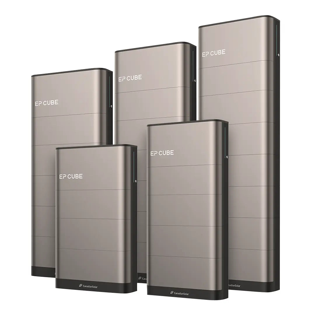 EP Cube modular battery energy storage system shown in multiple capacity configurations for residential solar applications