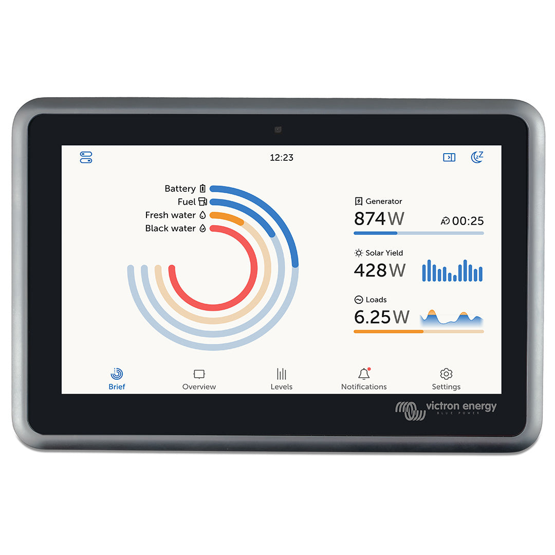 Victron Ekrano GX monitor showing real-time system data: battery, fuel, water levels, generator output, solar yield, and energy loads