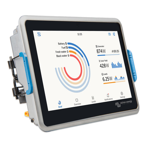 Victron Ekrano GX mounted with secure brackets, showcasing the side view and sturdy design for marine and off-grid applications