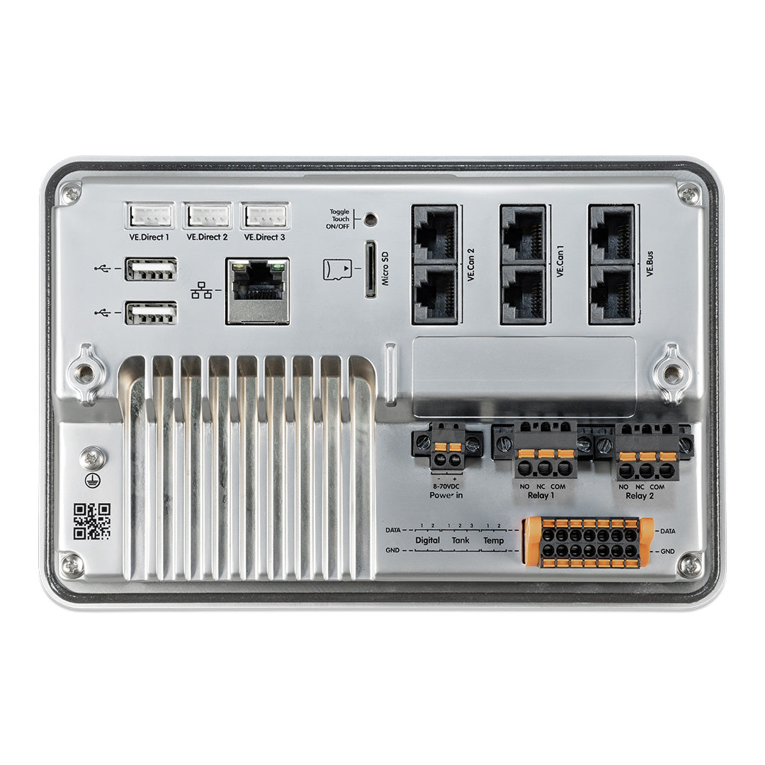 Back view of the Victron Ekrano GX showing ports for VE.Direct, VE.Bus, and other connections for seamless integration