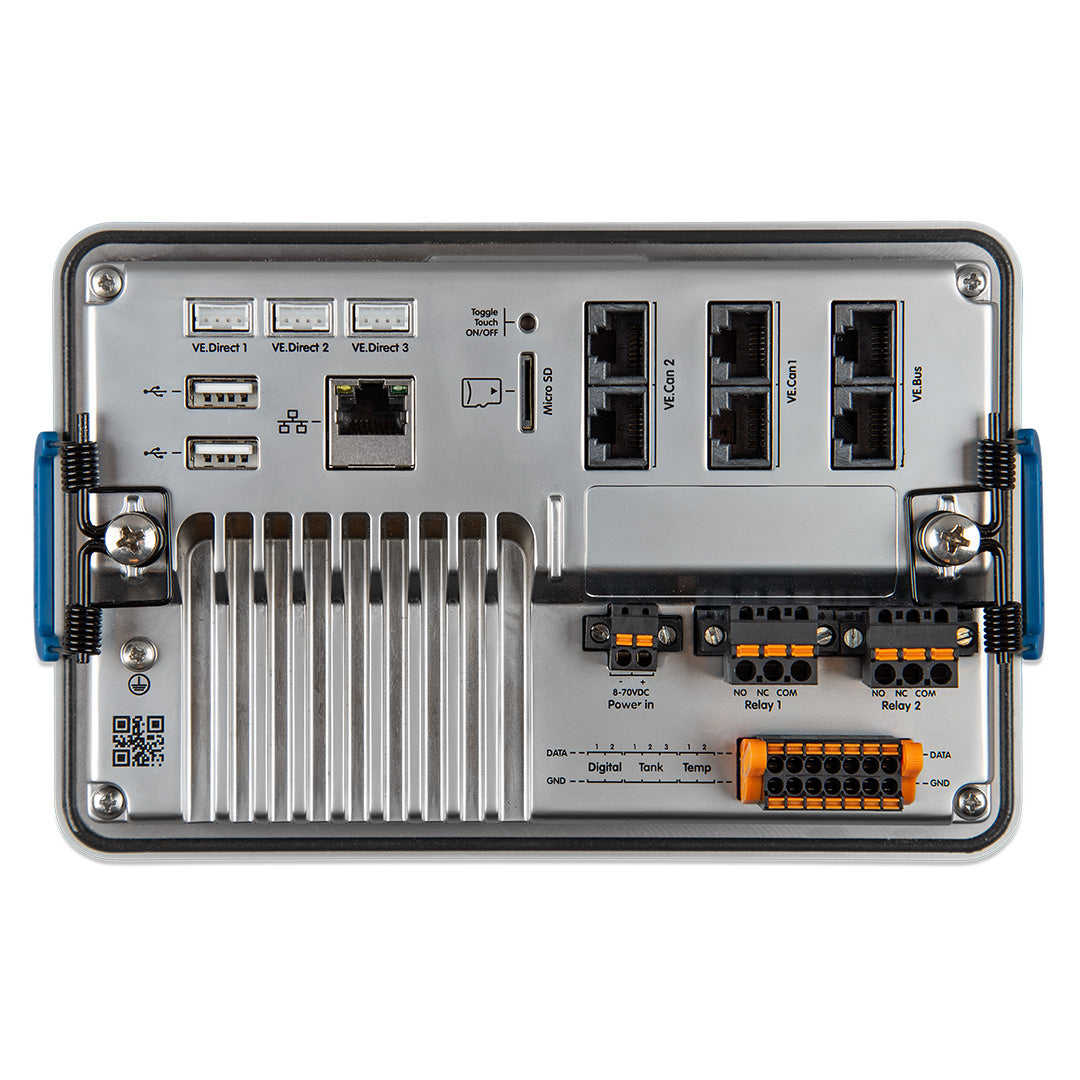 Rear-mounted Victron Ekrano GX with multiple connection ports and secure mounting brackets for versatile installations