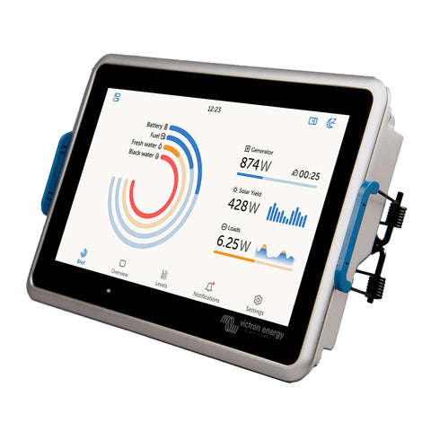 Right-side view of the Victron Ekrano GX, highlighting the touchscreen interface and compact design for power system control