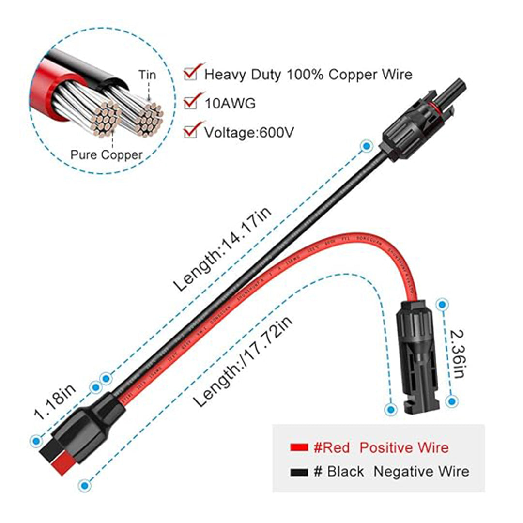 Electop 10AWG solar extension cable with heavy-duty copper wire for solar systems, showing wire length and voltage details