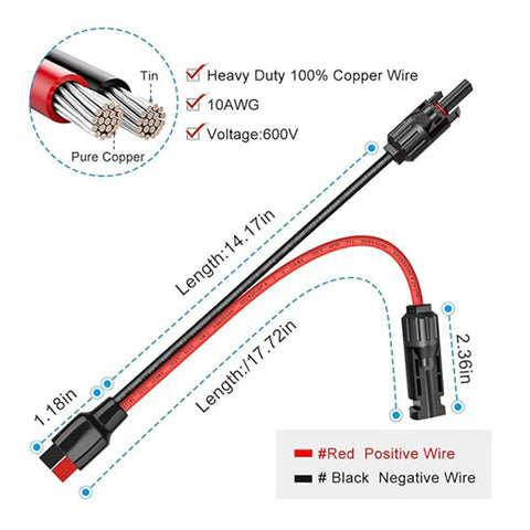 Electop 10AWG solar extension cable with heavy-duty copper wire for solar systems, showing wire length and voltage details