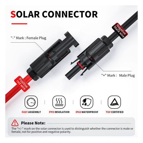 Solar connector with red and black wires, waterproof IP68, TUV certified, fast assembly, for secure connections in RV solar systems