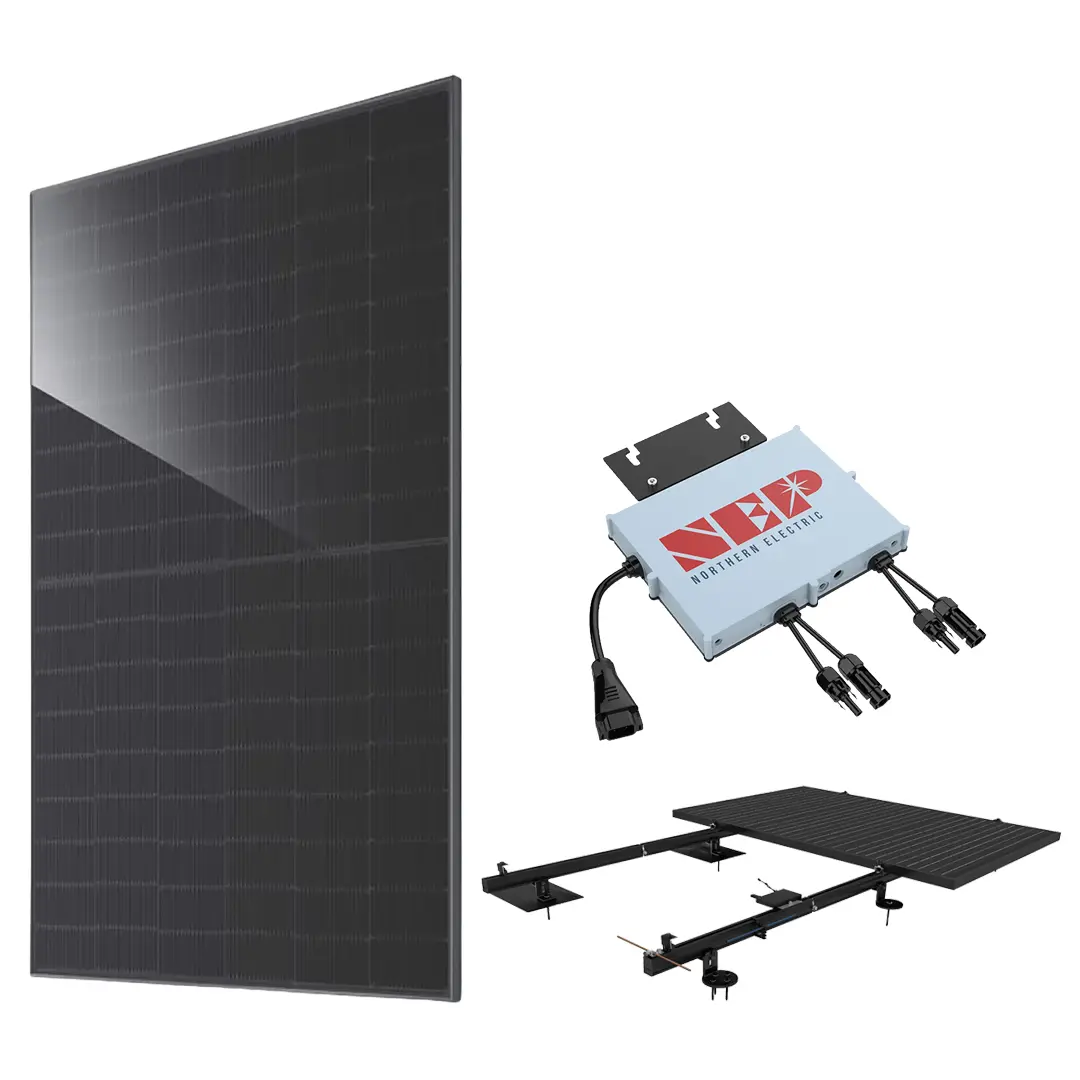 Essential 5 kW solar kit showing JA 500W solar panel, NEP microinverter, and SunModo roof mounting system