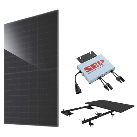 Essential 5 kW solar kit showing JA 500W solar panel, NEP microinverter, and SunModo roof mounting system