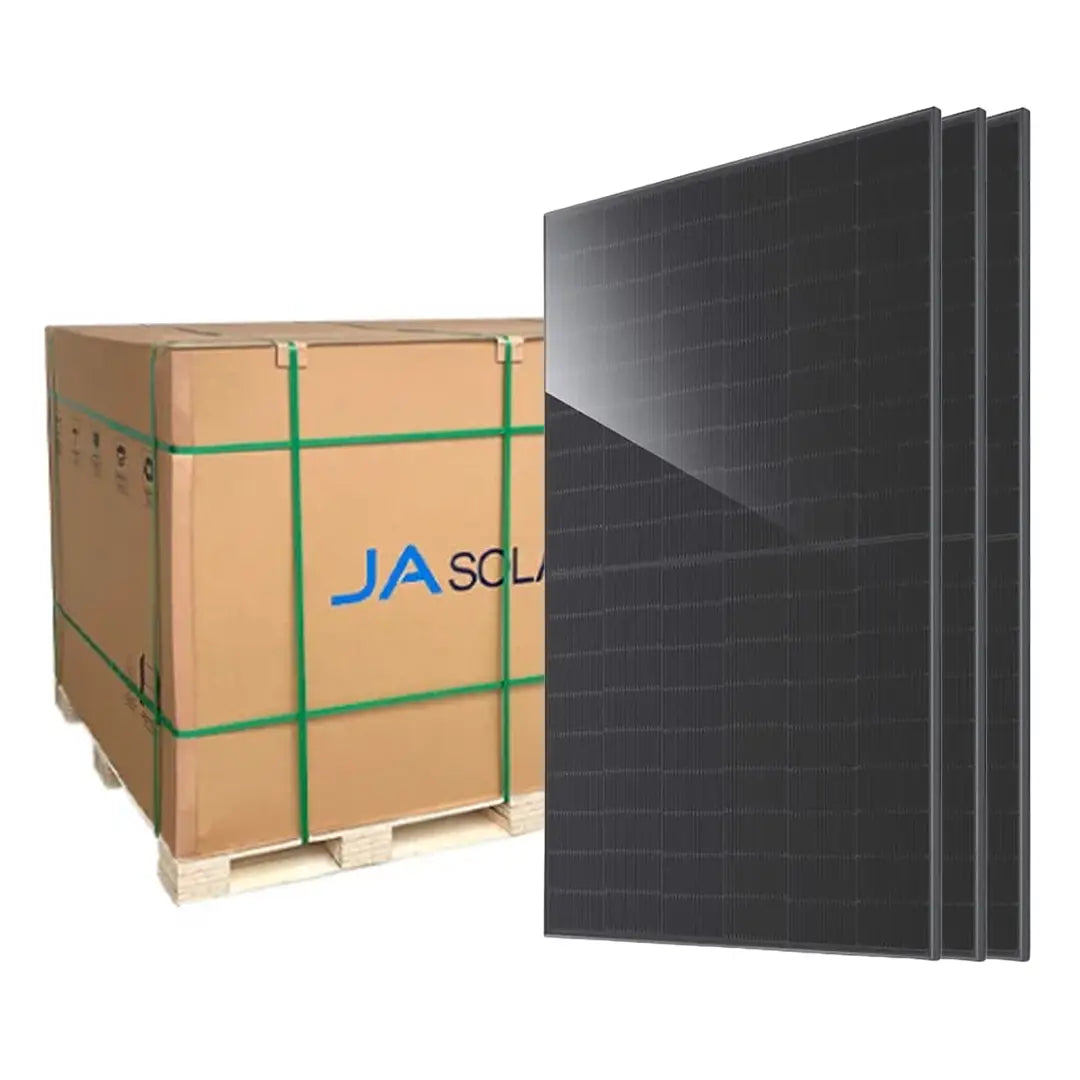 Image of a full pallet containing 36 JA Solar 500W bifacial solar panels, stacked and wrapped for shipping, with black frame and high-efficiency design.