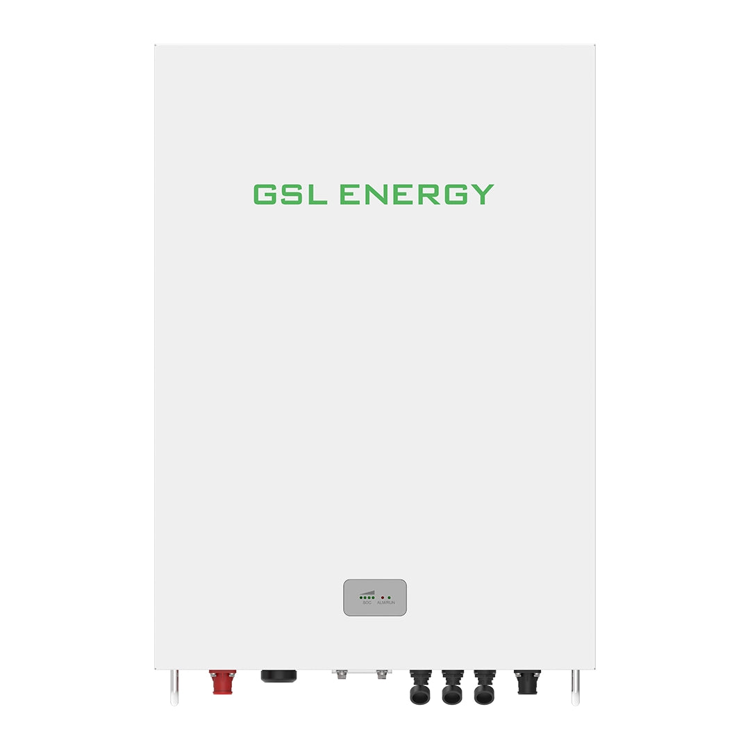 Front view of GSL Energy 51.2V 280Ah 14.34kWh LiFePO4 wall-mounted battery with LED indicators, IP65 rating.
