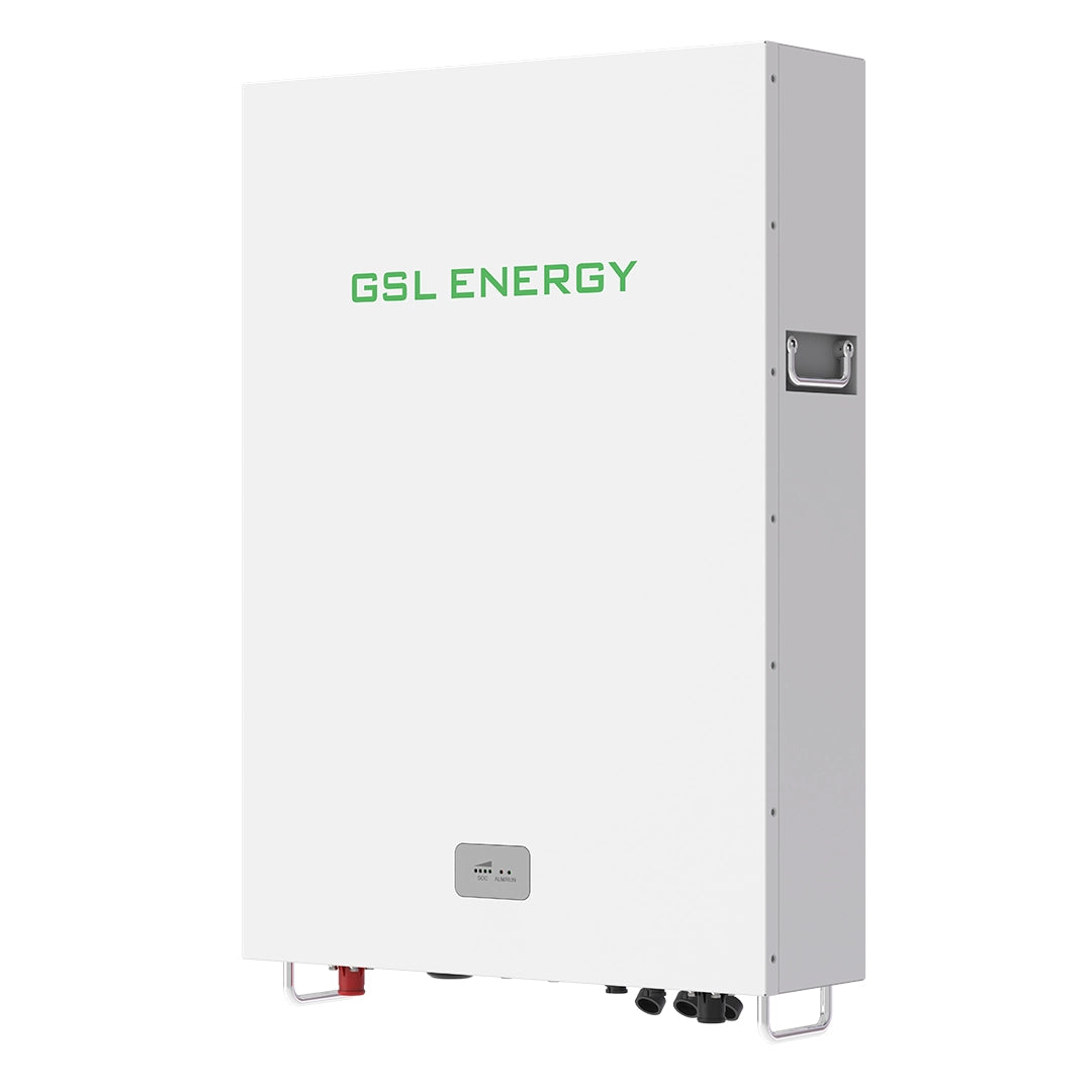 Angled front-right view of GSL Energy 14.34kWh LiFePO4 battery with mounting brackets