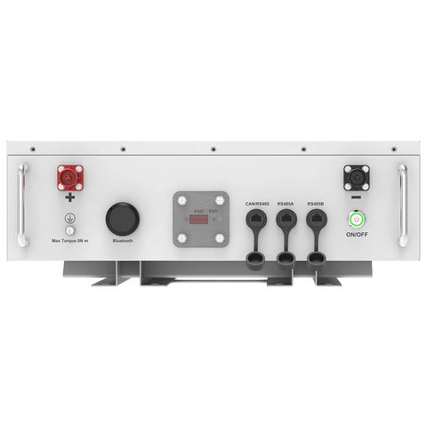 Close-up of connector panel on GSL Energy 51.2V 280Ah battery, with CAN/RS485 ports, ON/OFF button, Bluetooth