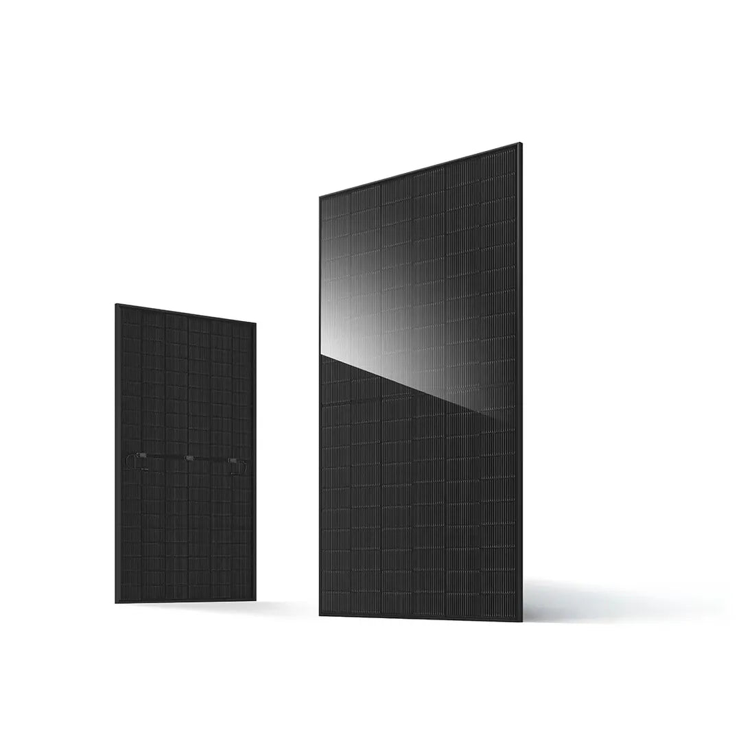 Front and rear view of JA Solar JAM60D41/LB 510W all-black bifacial solar panel with sleek black frame, high efficiency, and durable design