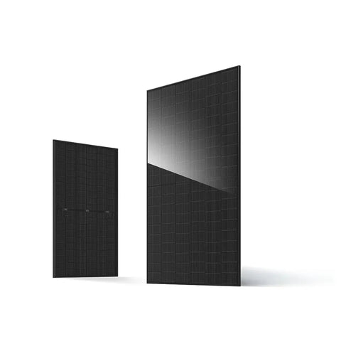 Front and rear view of JA Solar JAM60D41/LB 510W all-black bifacial solar panel with sleek black frame, high efficiency, and durable design