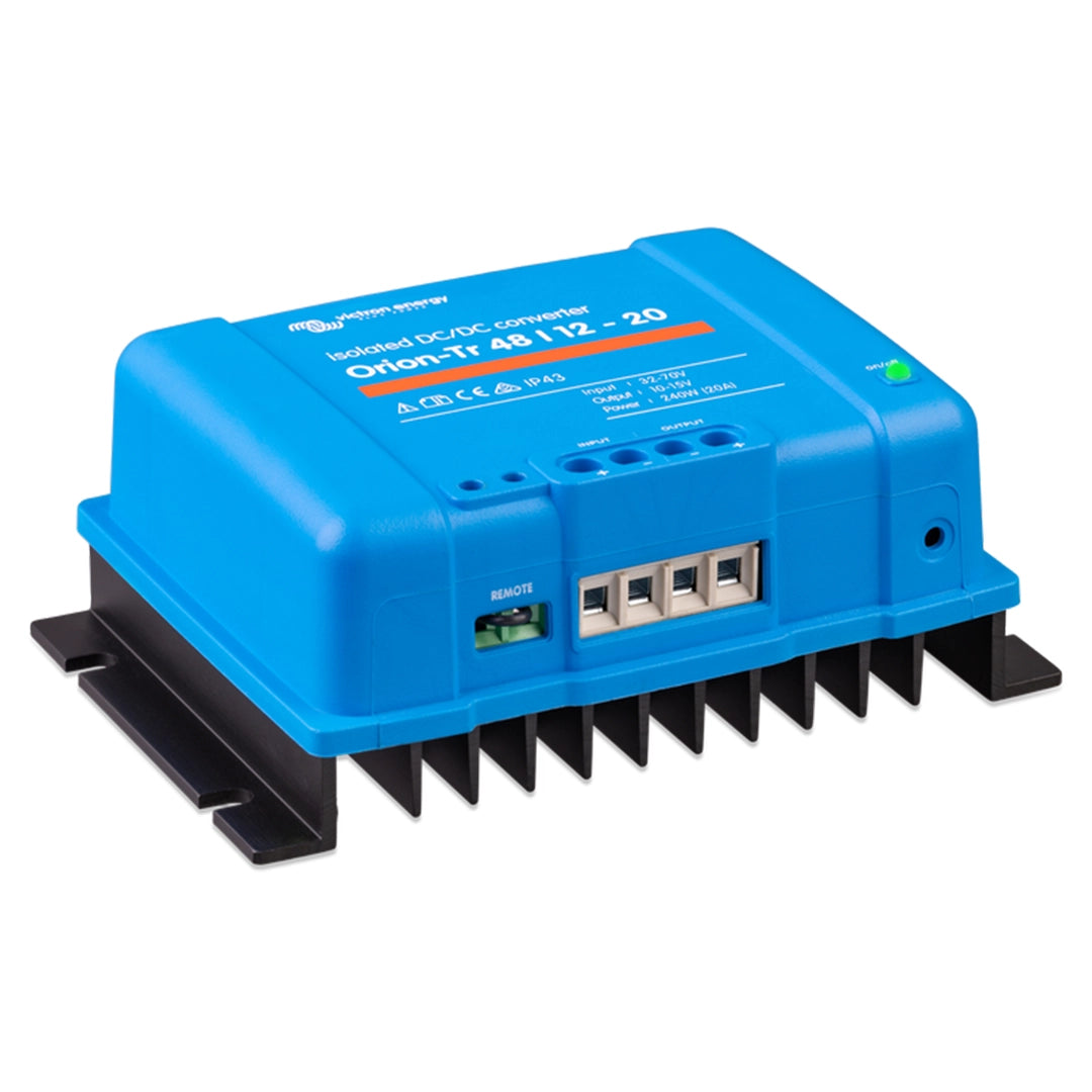 Victron Energy Orion-Tr 48V to 12V 20A DC-DC Converter, left-side view with screw terminals and remote switch