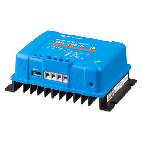 Victron Energy Orion-Tr 48V to 12V 20A DC-DC Converter, right-side view with IP43 protection and mounting bracket