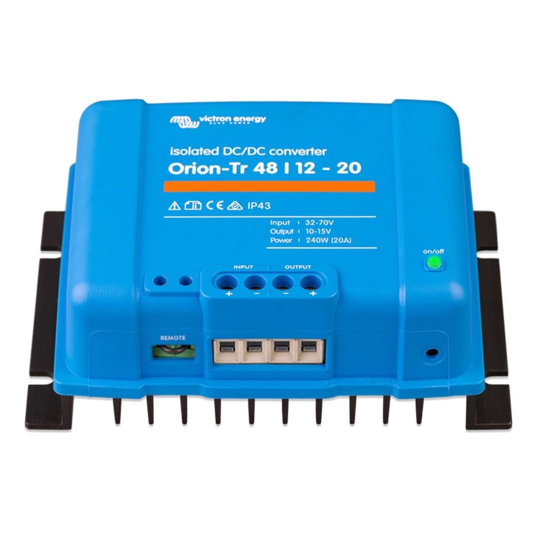 Victron Energy Orion-Tr 48V to 12V 20A DC-DC Converter, top-down view showing input/output terminals and remote switch