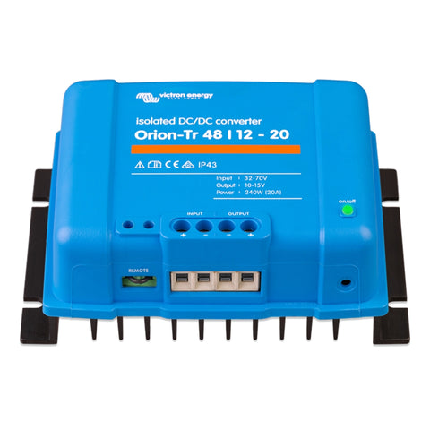 Victron Energy Orion-Tr 48V to 12V 20A DC-DC Converter, top-down view showing input/output terminals and remote switch