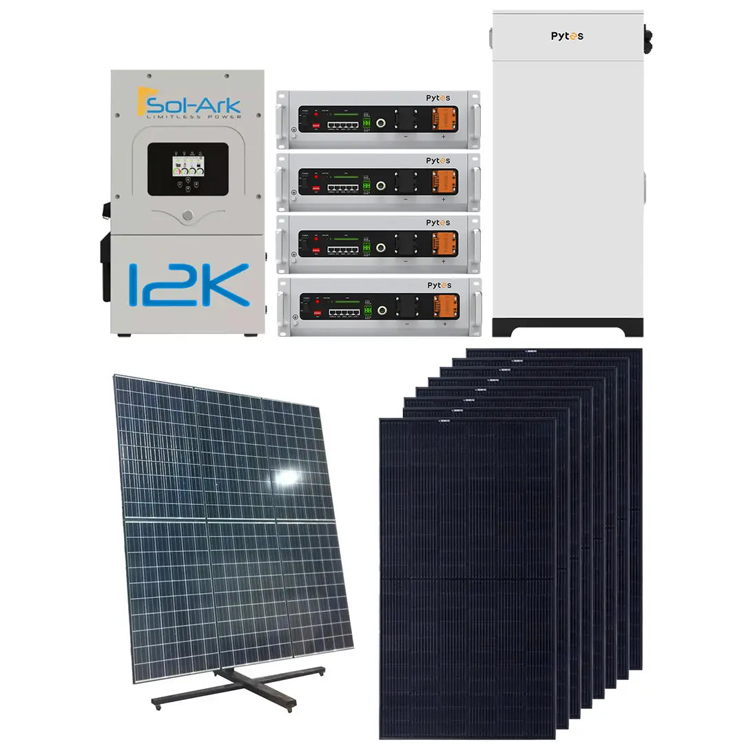 Off-grid solar kit with Sol-Ark 12K inverter, Pytes V5 batteries, battery cabinet, and solar panel mount kit for energy storage and power generation