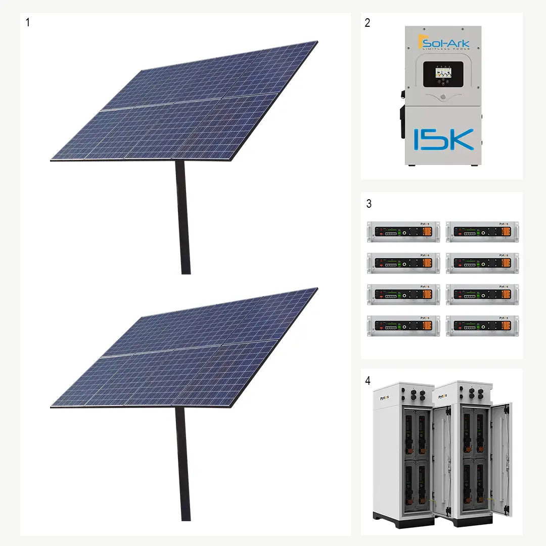 Off-Grid Solar Kit - Sol-Ark 15K with Pytes V5 LFP 40kWh Battery, dual solar panel mounts, eight Pytes lithium batteries, and cabinets. Ideal for large off-grid energy needs