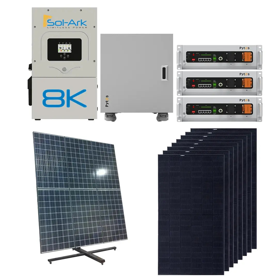 Off-grid solar kit featuring Sol-Ark 8K inverter, 3 Pytes V5 batteries, 6 solar panels, and a pole mount system for efficient energy storage and solar power generation