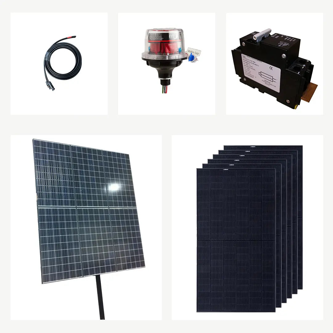 Complete pole mount solar kit with 6 REC 405W solar panels, wiring, meter, and circuit breaker for off-grid systems