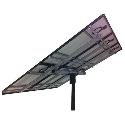 Bottom angled view ofsolar panels mounted on a top-of-pole rack, highlighting the support structure and rear components