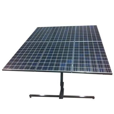 Angled front view of solar panels mounted on a  pole rack