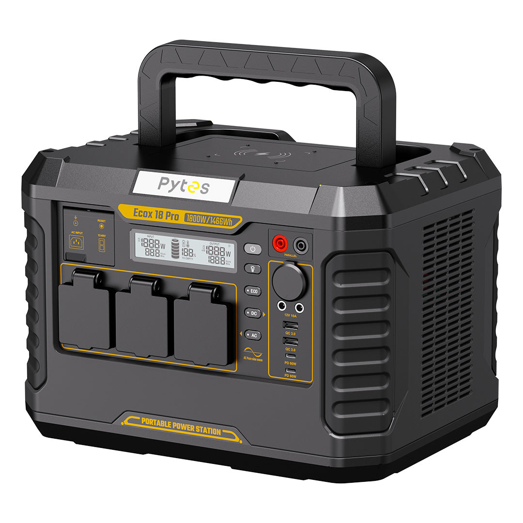 Side view of Pytes EcoX 18 Pro Portable Power Station displaying power input ports and handle