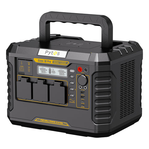 Side view of Pytes EcoX 18 Pro Portable Power Station displaying power input ports and handle