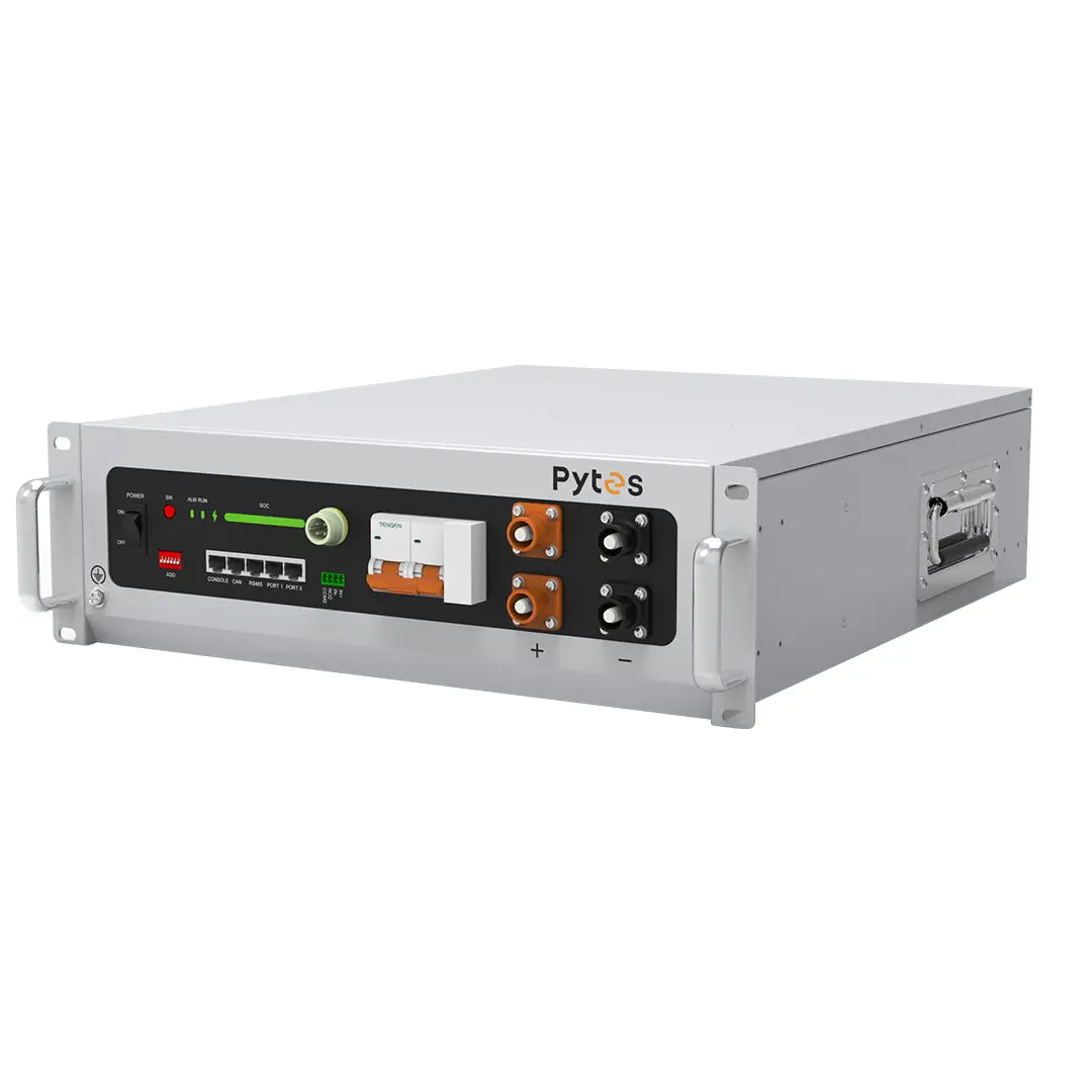 Front panel view of the Pytes V5 Plus solar battery showing state-of-charge indicators, CAN and RS485 communication ports, DC breaker, and power terminals