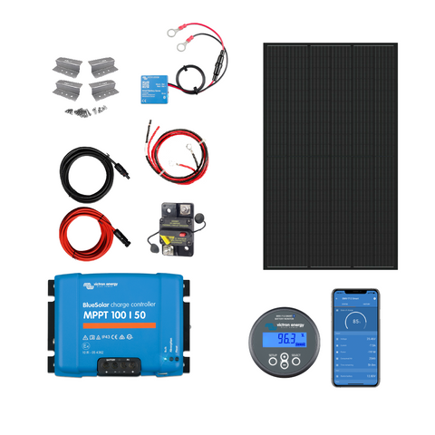 Complete Victron Energy RV solar kit with charge controller, solar panel, battery monitor, and accessories