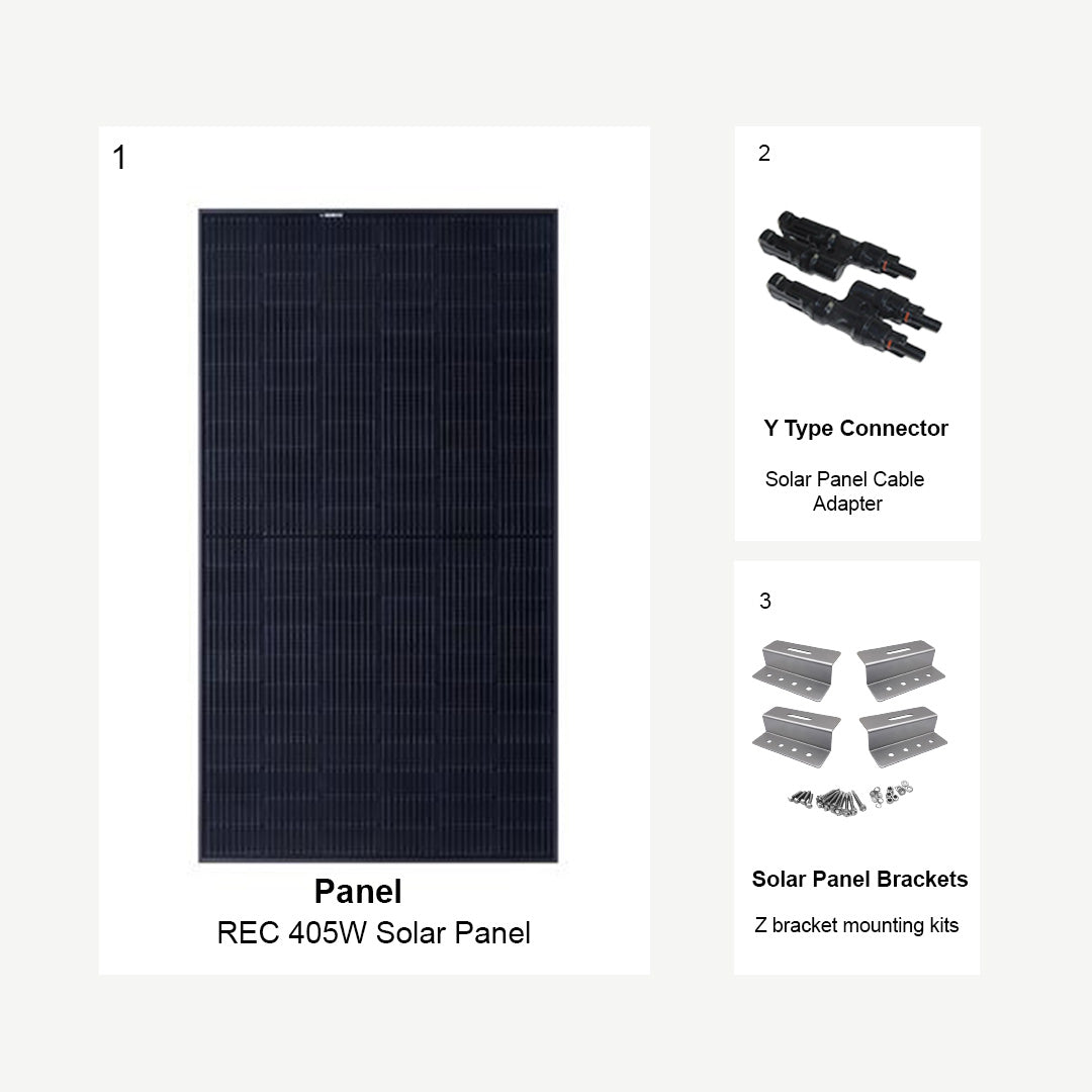 405W RV Solar Kit Expansion Pack including REC 405W Solar Panel, Y Type Connector, and Z Bracket Mounting Kit. Ideal for expanding RV solar systems